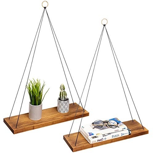 LifeGoods Étagère murale en bois suspendue avec cordon en nylon et anneaux en métal | 2 pièces | Industriel | Convient à la cuisine, au salon, à la chambre à coucher, à la chambre d'enfant et comme décoration murale | Marron