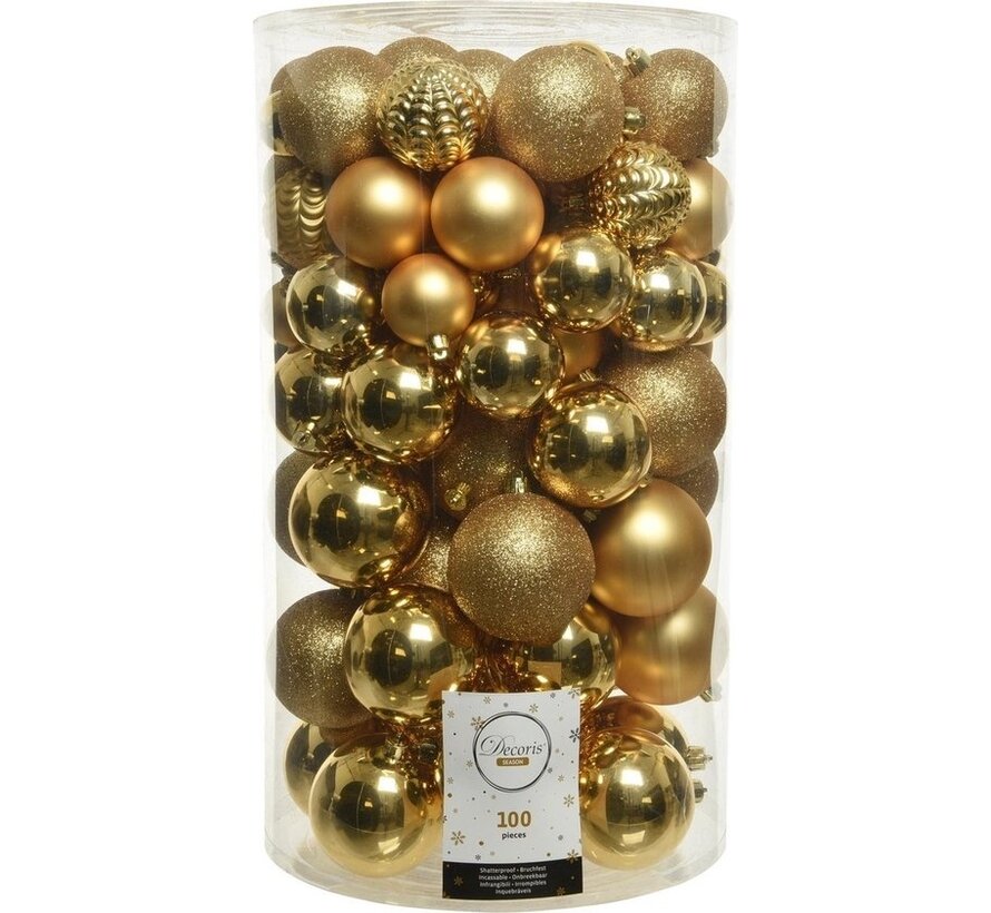 Set de boules de Noël Decoris 100pcs plastique doré