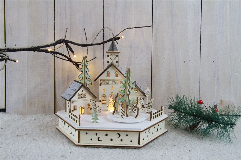 Heitronic Lampe en bois Village Square avec 3 LEDs blanc chaud