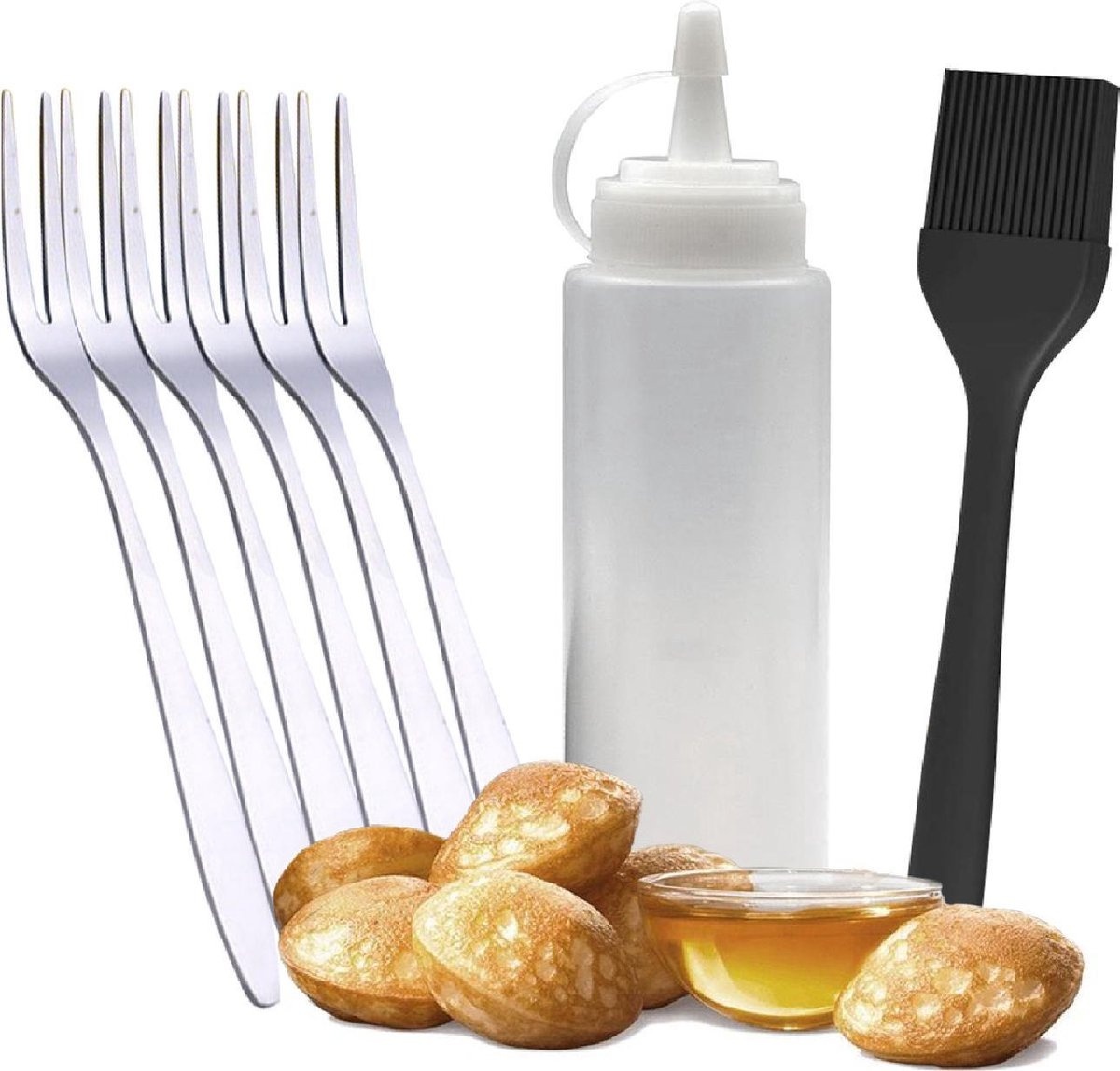 Set d'accessoires Poffertjes - comprenant un flacon pulvérisateur, 6x fourchettes et une brosse en silicone - y compris le E-Book poffertjes