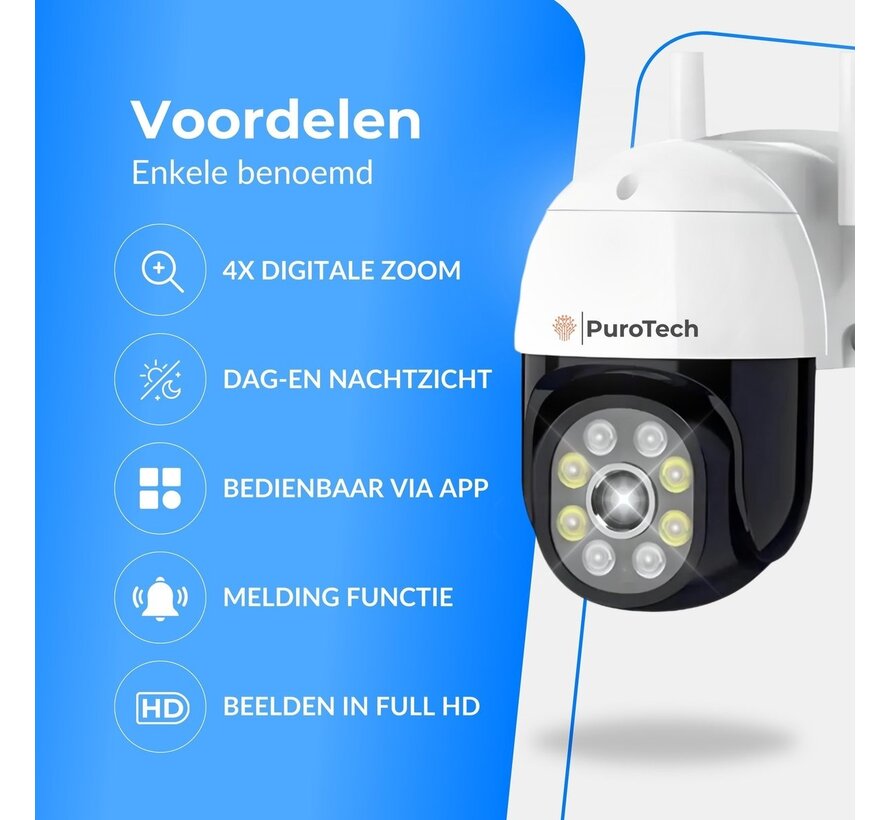 PuroTech Security Camera PRO - Wifi Smart Waterproof IP66 - Rotatif et inclinable - Pour l'intérieur et l'extérieur - Full HD 5MP - Caméra IP dôme - Vision nocturne - Internet sans fil - Avec enregistreur