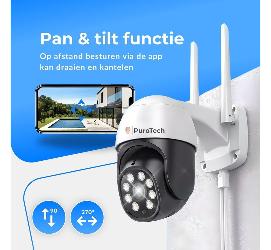 PuroTech Security Camera PRO - Wifi Smart Waterproof IP66 - Rotatif et inclinable - Pour l'intérieur et l'extérieur - Full HD 5MP - Caméra IP dôme - Vision nocturne - Internet sans fil - Avec enregistreur