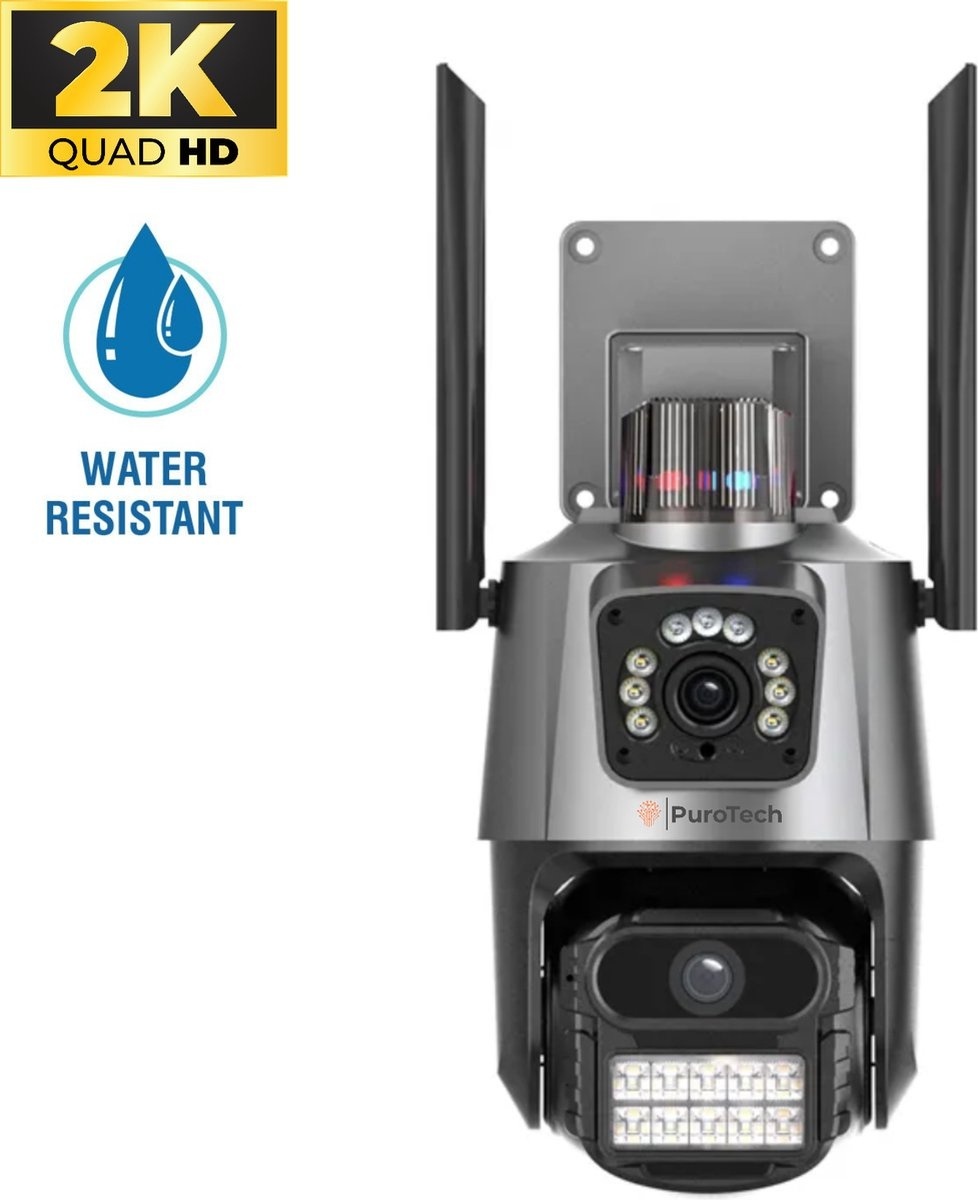 PuroTech Security Camera ULTRA - Wifi Smart Waterproof IP66 - Rotation et inclinaison - Pour l'intérieur et l'extérieur - Ultra HD 2K - Caméra IP dôme - Vision nocturne - Internet sans fil - Avec enregistreur