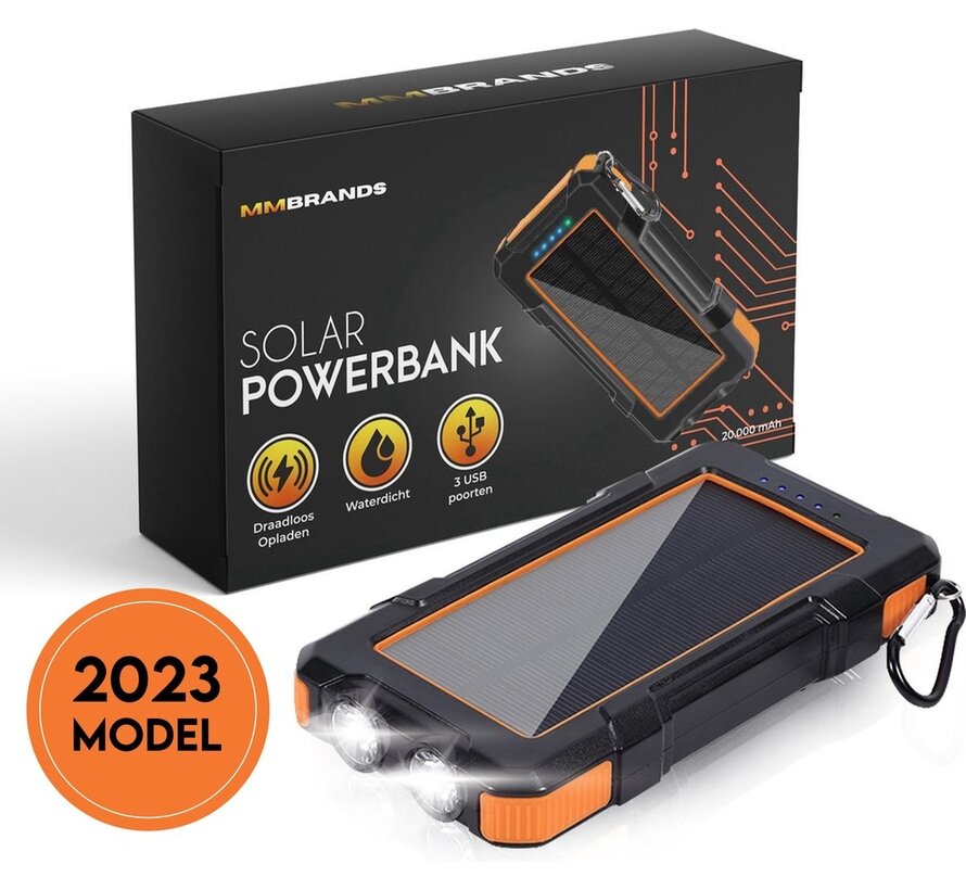 Batterie Externe MM Brands Solar Powerbank - Chargeur Solaire 20000 mah - USBC/Micro USB - Lampe de Poche - Charge avec/sans fil - Orange