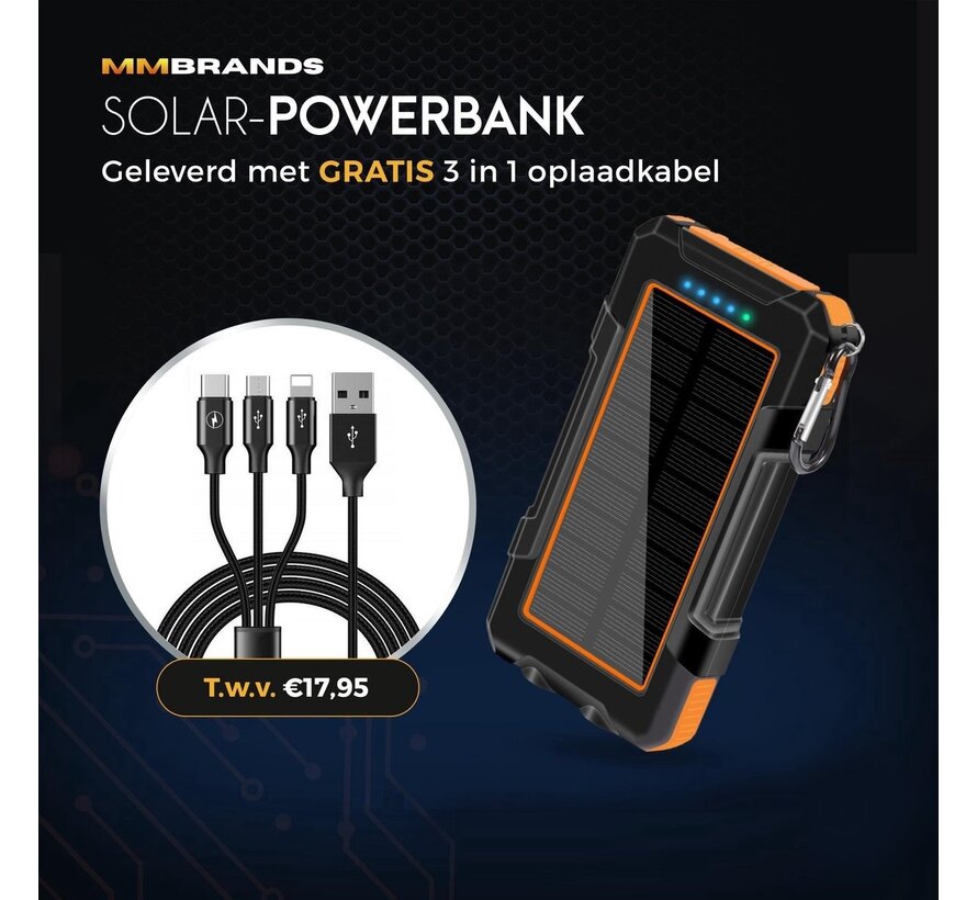 Batterie Externe MM Brands Solar Powerbank - Chargeur Solaire 20000 mah - USBC/Micro USB - Lampe de Poche - Charge avec/sans fil - Orange