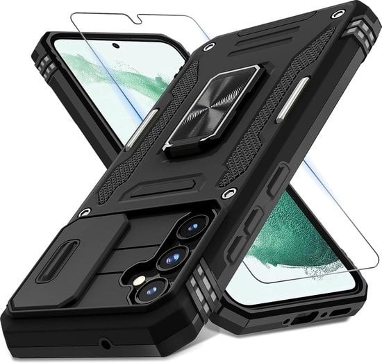 Podec Case suitable for Samsung Galaxy A54 Black Phone Case - Anti-Shock Case Cover Hybrid Armor Case with Kickstand Ring with Screen Protector