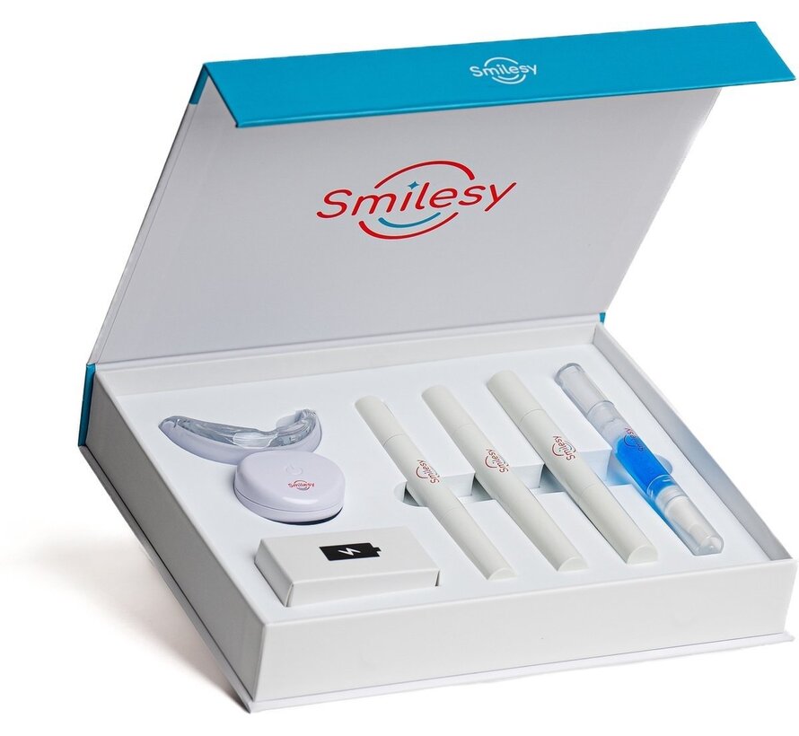 Smilesy Kit complet de blanchiment des dents - Sans Peroxyde (0%) - Dents plus blanches - Blanchiment des dents - Kit de blanchiment des dents - 3 seringues de gel incluses - 100% Vegan