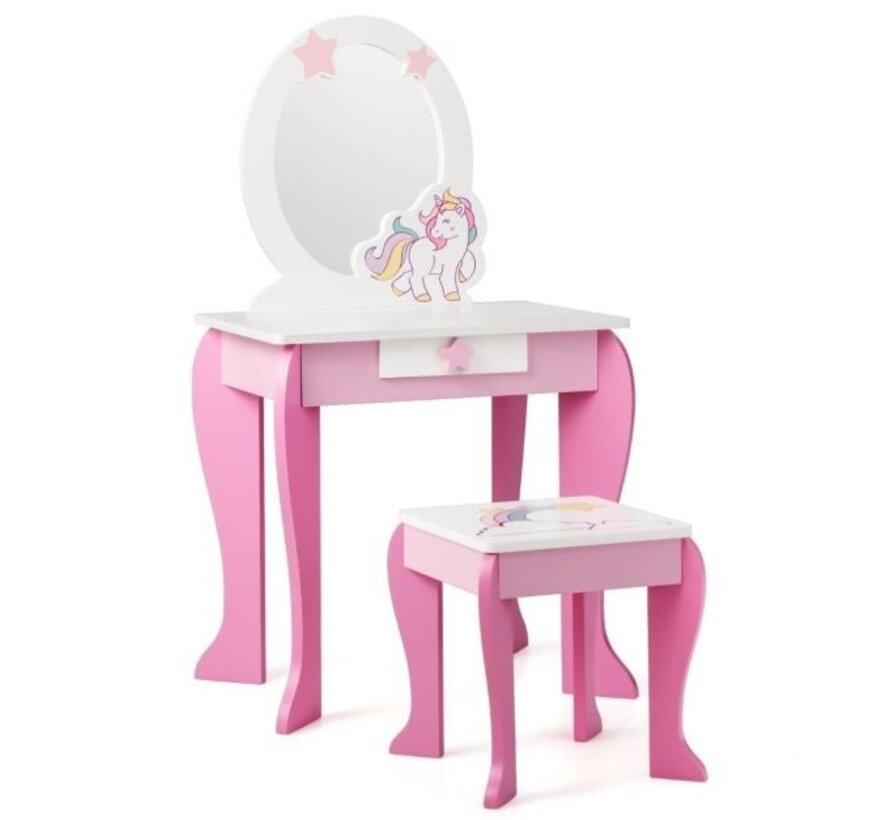 Table de maquillage Coast avec miroir et tiroir - Tabouret inclus - 49,5 x 35,5 x 89 cm - Blanc+Rose