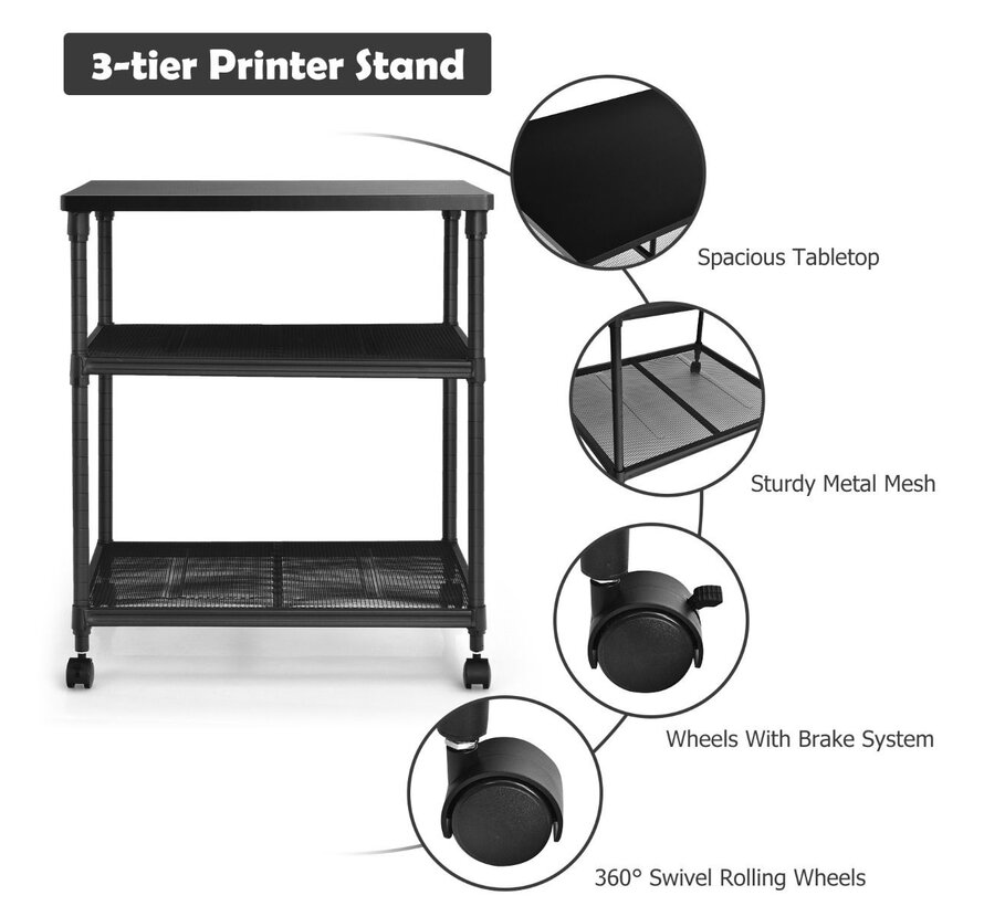 Coast Printer trolley - 3 étages - Max. 20 kg par étagère - 60 x 51 x 69 cm - Noir