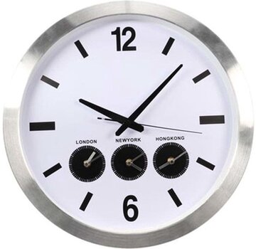 Perel Perel Horloge mondiale analogique avec 3 fuseaux horaires, modèle mural avec changement automatique de l'heure d'été/hiver, sans piles