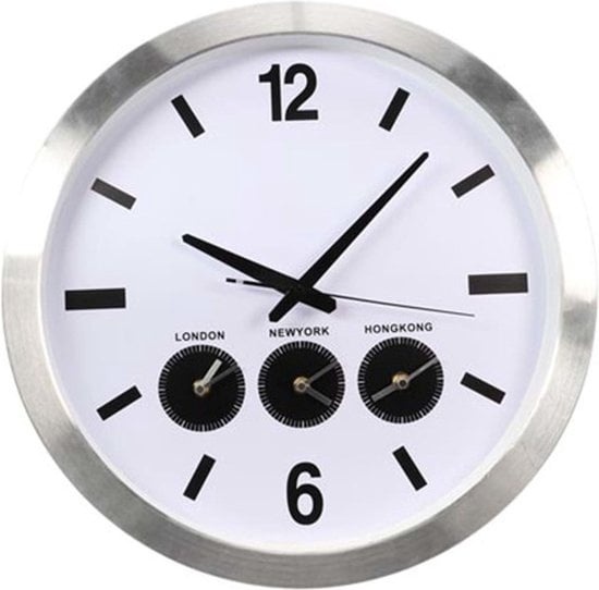 Perel Horloge mondiale analogique avec 3 fuseaux horaires, modèle mural avec changement automatique de l'heure d'été/hiver, sans piles
