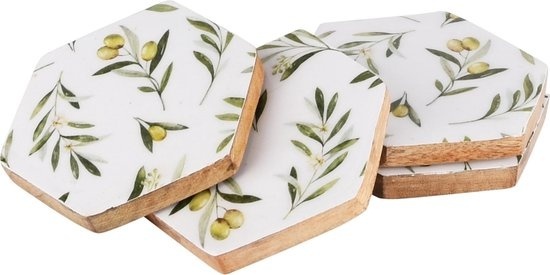 Décoratif | Lot de 4 sous-verres 'Olives', bois/émail, 10x10x1cm | A230905
