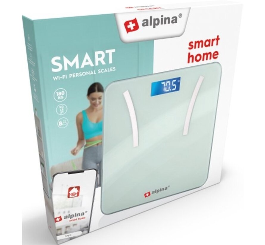 alpina Smart Home - Pèse-personne intelligent - avec analyse corporelle - incluant le poids, le pourcentage de graisse et la masse musculaire - avec application - jusqu'à 8 utilisateurs