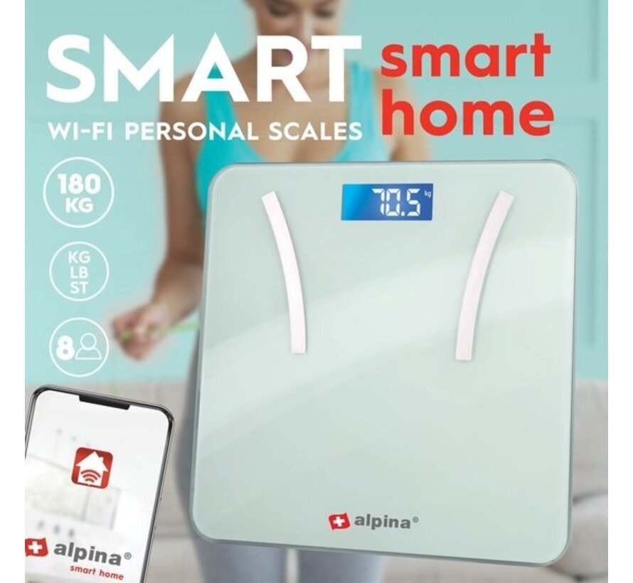 alpina Smart Home - Pèse-personne intelligent - avec analyse corporelle - incluant le poids, le pourcentage de graisse et la masse musculaire - avec application - jusqu'à 8 utilisateurs