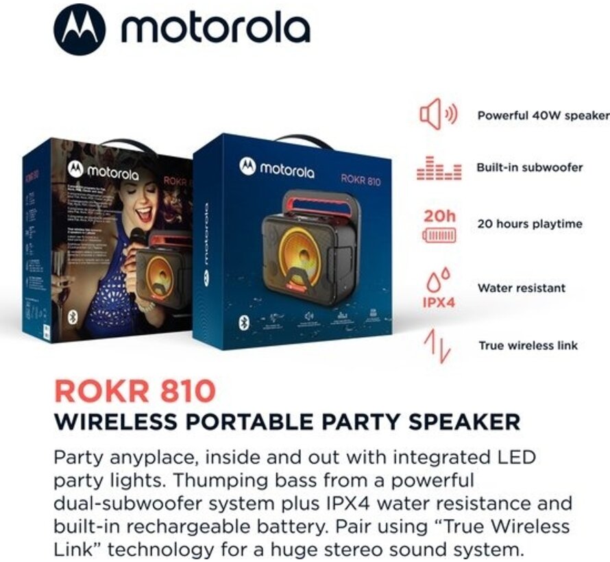 Haut-parleur sans fil Motorola Sound - ROKR 810 - 40 Watts - Noir - Bluetooth 5.0 - LED - Microphone Karaoké - Étanche