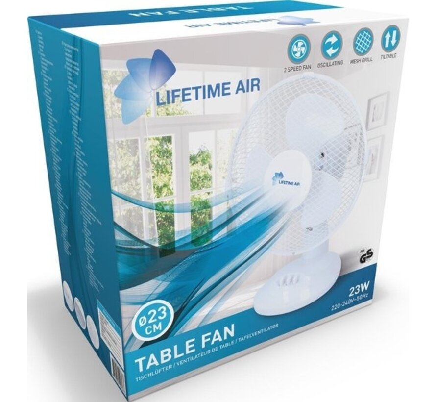 Lifetime Air Ventilateur de table - Ø23cm - 2 Vitesses - Fonction inclinable - Fonction pivotante - Blanc