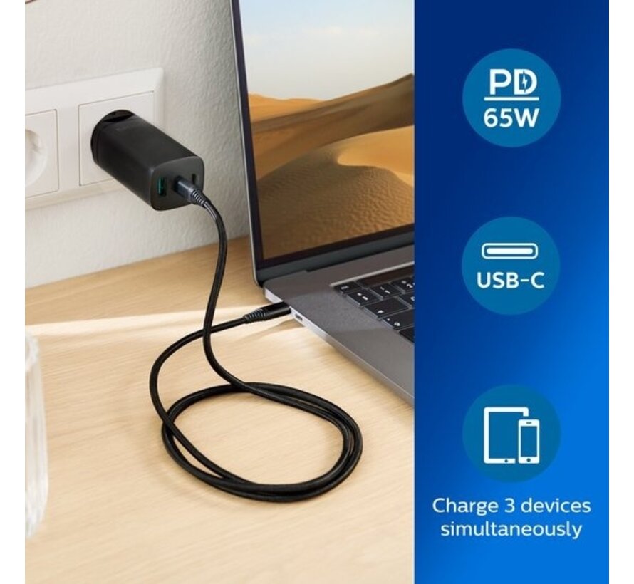 Philips Chargeur mural - DLP2681/12 - 1x USB-A - 2x USB-C - Charge rapide - 65 watts