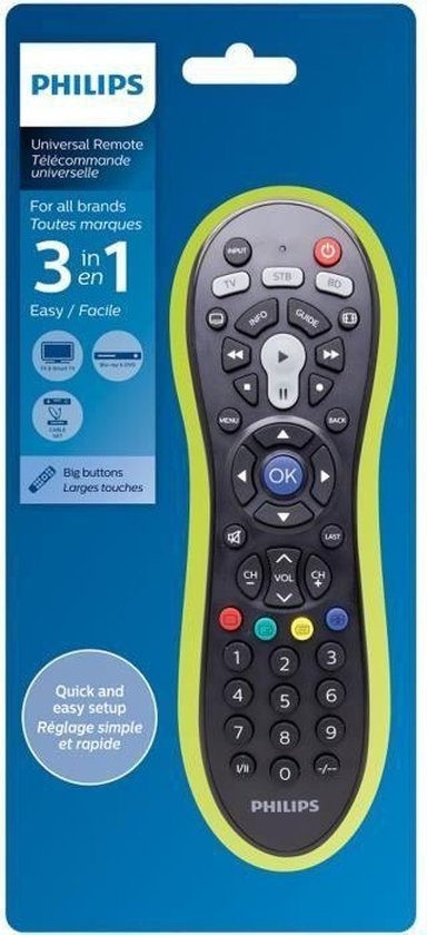 PHILIPS - Télécommande universelle - SRP3013/10 - 3-en-1 - Fonction d'apprentissage - Grande bibliothèque de codes IR - Smart TV