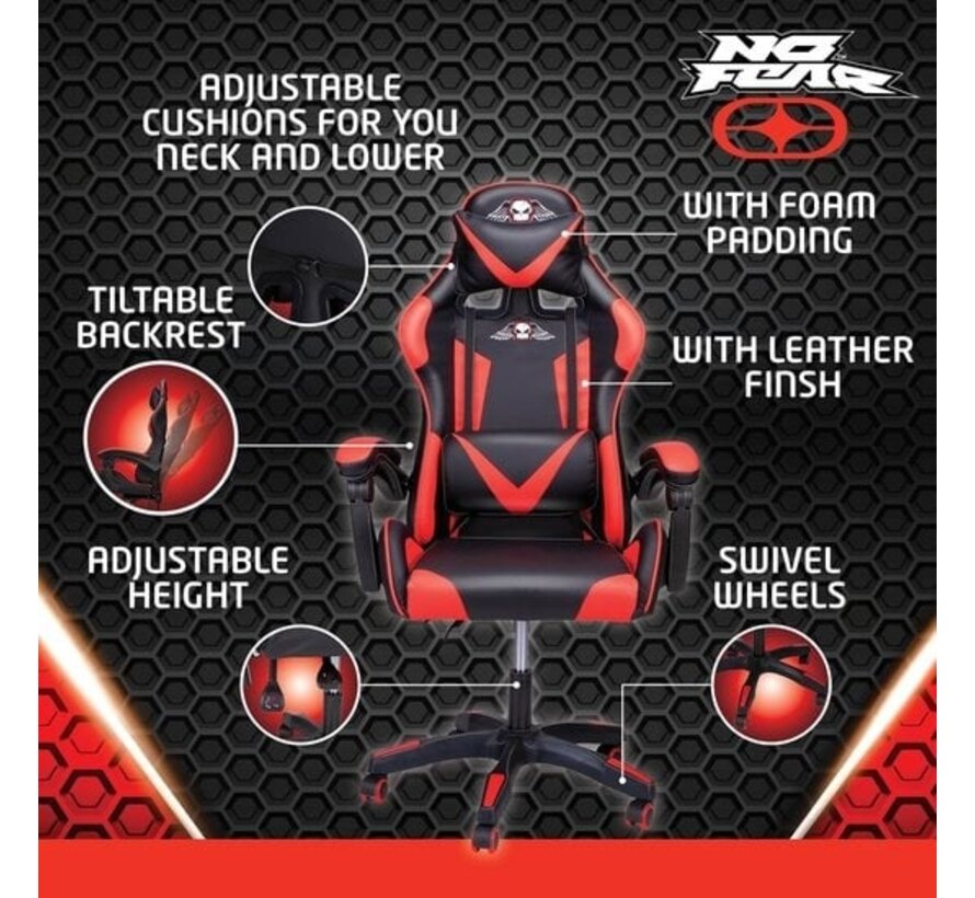 No Fear Gaming Chair - Chaise de jeu - Chaise de bureau - Hauteur réglable de 46 à 56 cm - Rouge/Noir