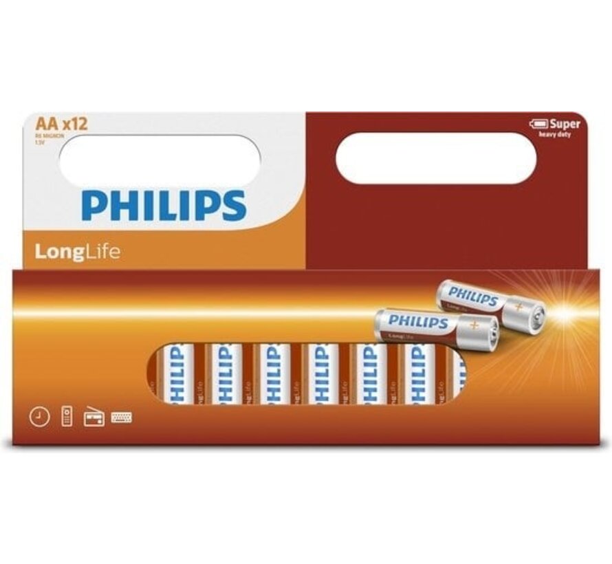 Piles Philips LongLife AA R6 - 12 pièces