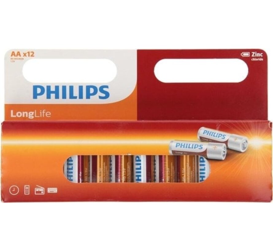 Piles Philips LongLife AA R6 - 12 pièces