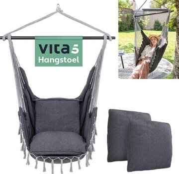 Vita5 Vita5 XXL Hamac Chair | Nid suspendu intérieur/extérieur | 2 coussins et boîte à livres inclus | Adultes et enfants | Hamac Chair jusqu'à 200kg | Gris foncé