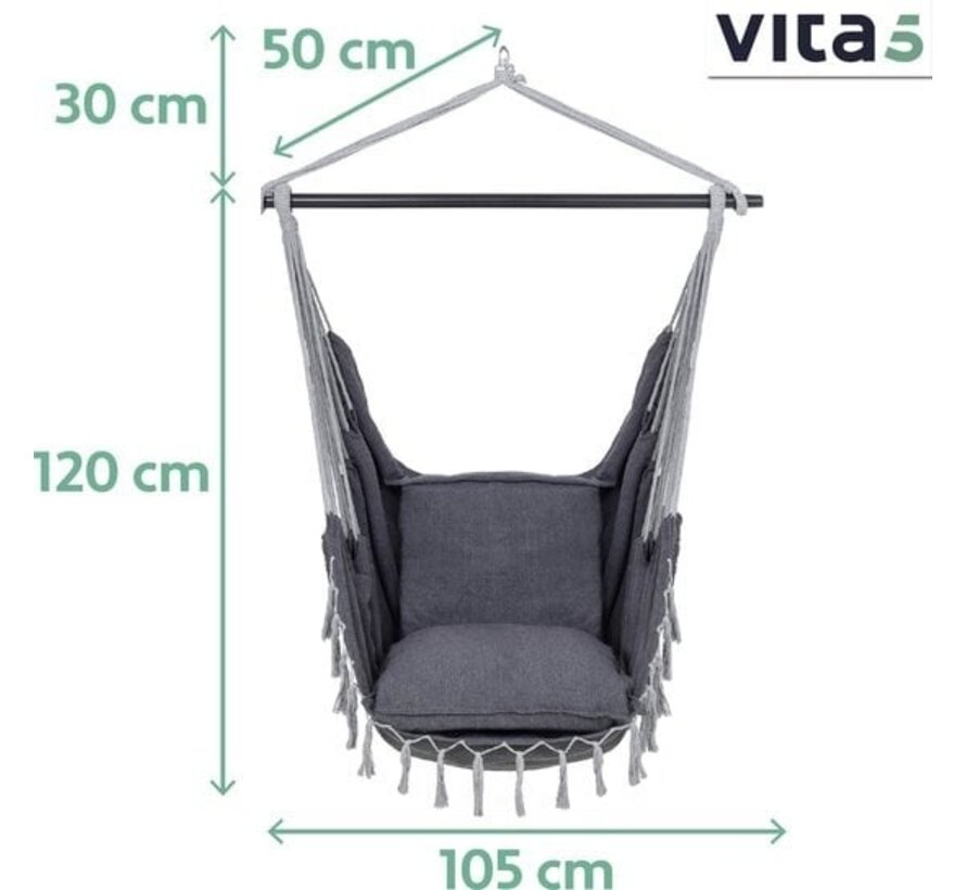Vita5 XXL Hamac Chair | Nid suspendu intérieur/extérieur | 2 coussins et boîte à livres inclus | Adultes et enfants | Hamac Chair jusqu'à 200kg | Gris foncé