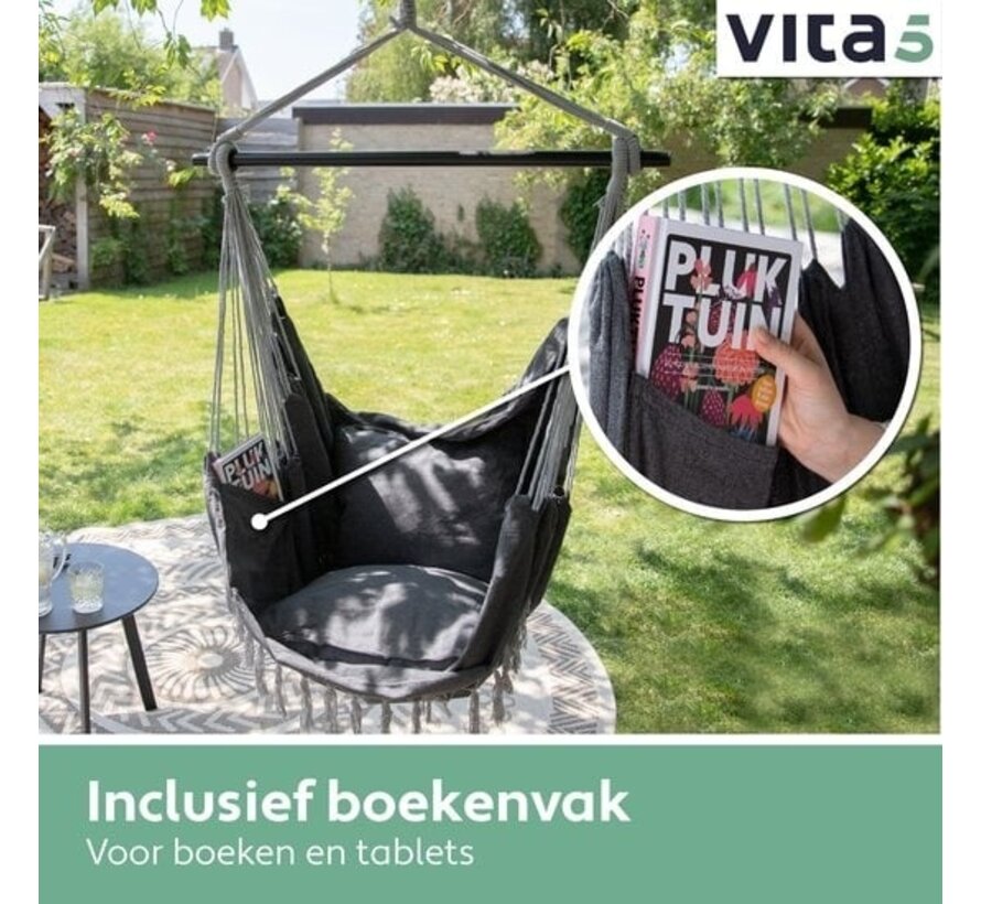 Vita5 XXL Hamac Chair | Nid suspendu intérieur/extérieur | 2 coussins et boîte à livres inclus | Adultes et enfants | Hamac Chair jusqu'à 200kg | Gris foncé