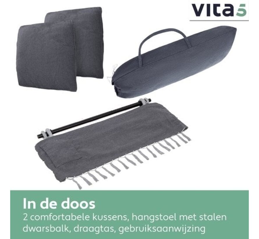 Vita5 XXL Hamac Chair | Nid suspendu intérieur/extérieur | 2 coussins et boîte à livres inclus | Adultes et enfants | Hamac Chair jusqu'à 200kg | Gris foncé