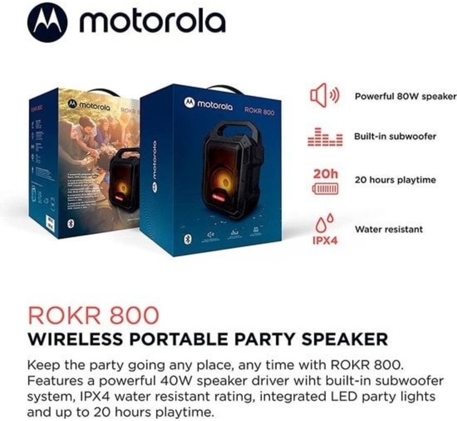 Haut-parleur Bluetooth Motorola Sound ROKR 800 - 20 heures d'autonomie - Radio FM - Éclairage LED coloré - Connexions DC, USB, AUX et MIC - Technologie True Wireless - Noir