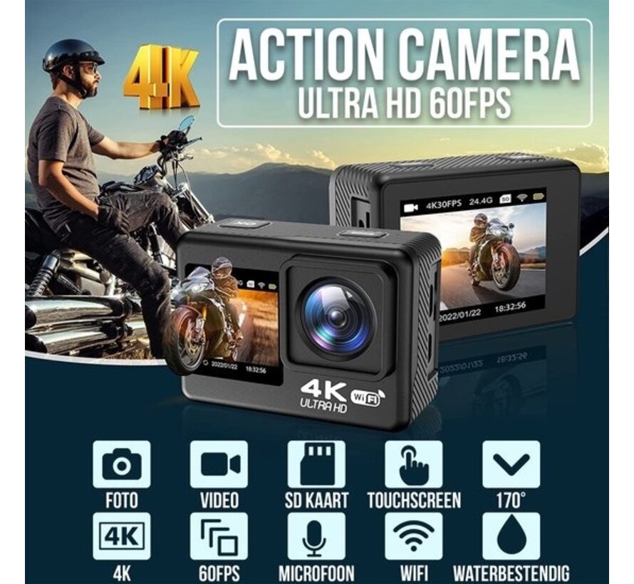 Strex Action Camera 4K 24MP - 60FPS / 30M Waterproof / WiFi - Inclut 20 accessoires - Caméra d'action - Caméra sous-marine
