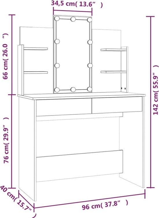 vidaXL - Coiffeuse - avec - éclairage - LED - 96x40x142 - cm - gris béton