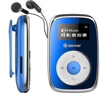 Denver Lecteur MP3 Denver avec oreillettes - 32 Go - Mode aléatoire - Enfants et adultes - Clip de fixation - AUX - MicroSD - MPS316 - Bleu