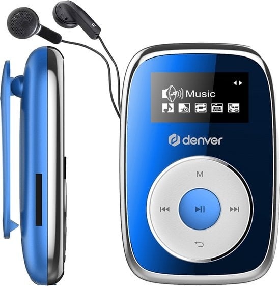 Lecteur MP3 Denver avec oreillettes - 32 Go - Mode aléatoire - Enfants et adultes - Clip de fixation - AUX - MicroSD - MPS316 - Bleu