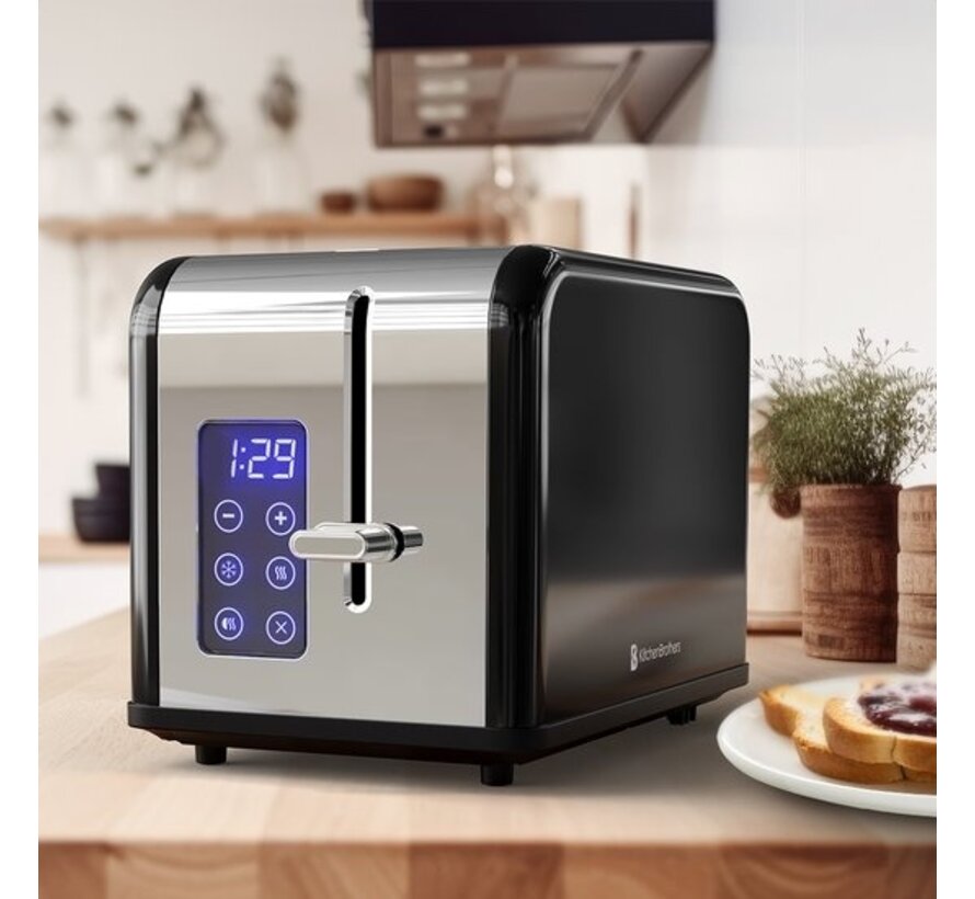 KitchenBrothers Toaster - Grille-pain - 6 niveaux de chaleur - 2 fentes extra-larges - écran tactile - 815W - acier inoxydable/noir
