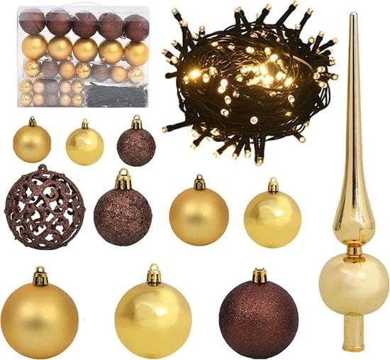 vidaXL - 61 - pièces - Ensemble de boules de Noël - avec - pic - et - 150 - LED - or - et - bronze