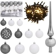 vidaXL vidaXL - 61 - pièces - Ensemble de boules de Noël - avec - pic - et - 150 - LED - blanches - et - grises