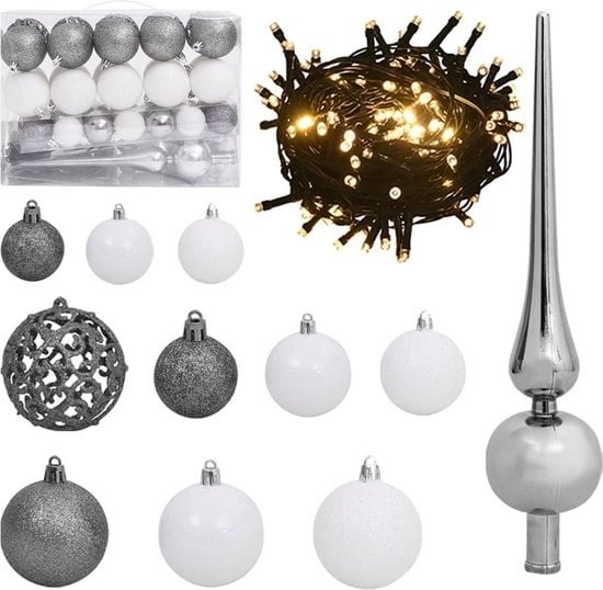 vidaXL - 61 - pièces - Ensemble de boules de Noël - avec - pic - et - 150 - LED - blanches - et - grises