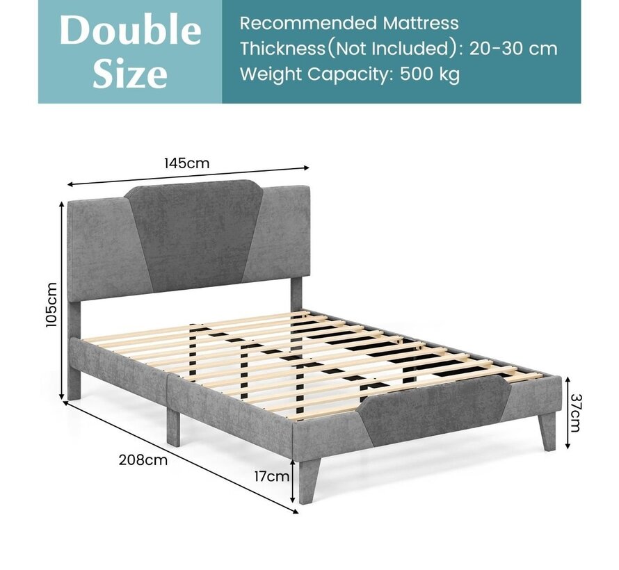 Coast Double Platform Bed - Upholstered - 140 x 200 cm - Grey