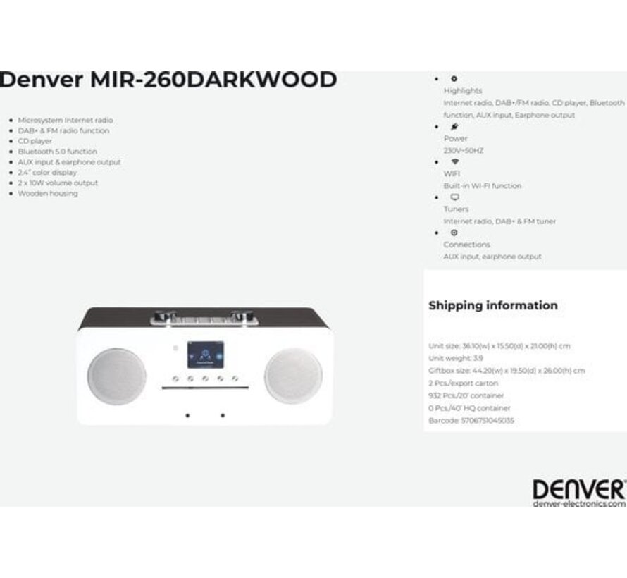 Denver MIR-260 Darkwood - Microchaîne avec radio et Bluetooth - Bois/Argent