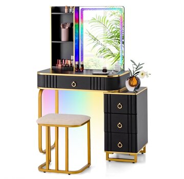 Coast Table de maquillage Coast avec miroir et station de recharge - Inclut un tabouret - Noir - 80 x 40 x 137 cm