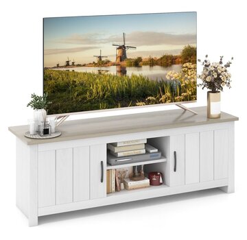 Coast Coast TV Furniture - Avec étagères ouvertes sur 2 niveaux - 145 x 39,5 x 49,5 cm - Blanc/Gris