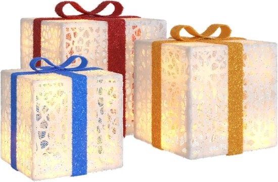 vidaXL - Figurine de Noël - boîte cadeau - 3 - pcs - illuminée - 64 - blanc chaud - LEDs