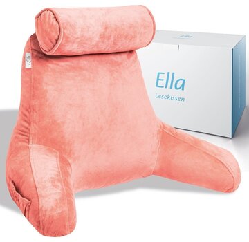 Ella Coussin de lecture avec rouleau pour la nuque - Ella® - Coussin de relaxation - Coussin de siège - Soutien du bas du dos - Coussin de lecture paresseux - Velours rose corail