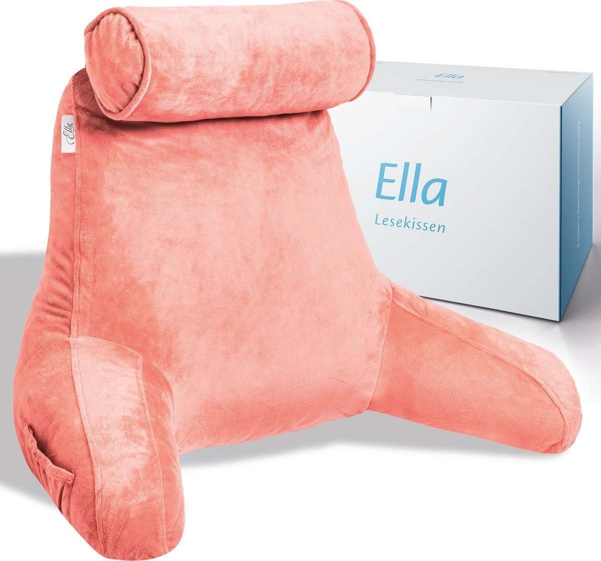 Coussin de lecture avec rouleau pour la nuque - Ella® - Coussin de relaxation - Coussin de siège - Soutien du bas du dos - Coussin de lecture paresseux - Velours rose corail