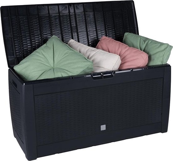 Boîte à coussins de jardin - Living Style - Boîte de rangement - aspect rotin - verrouillable - avec roues - poignées - 310 litres - Noir