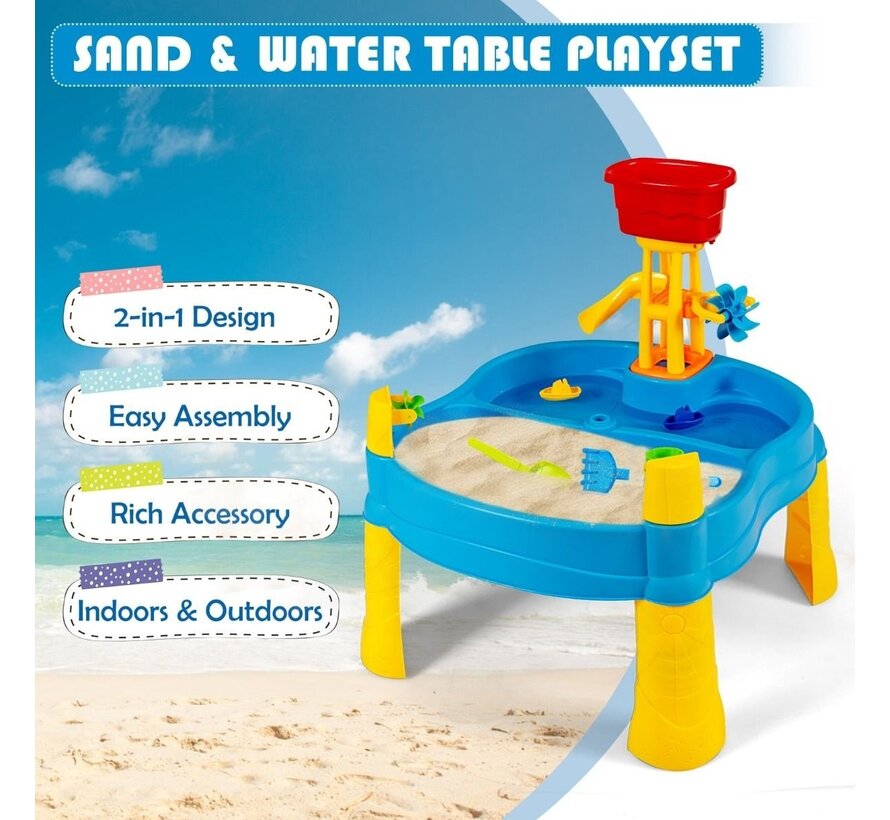 Table d'eau et de sable 2-en-1 avec parapluie et 18 accessoires pour l'extérieur et l'intérieur 70 x 70 x 81 cm