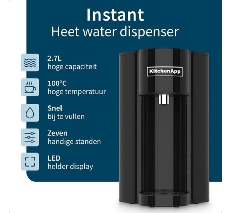 KitchenApp Distributeur d'eau chaude avec filtre - Bouilloire instantanée de luxe avec contrôle de la température - Robinet d'eau chaude 2.7L - Noir