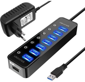 URGOODS Hub USB 3.0 - 7 ports - Répartiteur USB - Boutons marche/arrêt à économie d'énergie - avec bloc d'alimentation