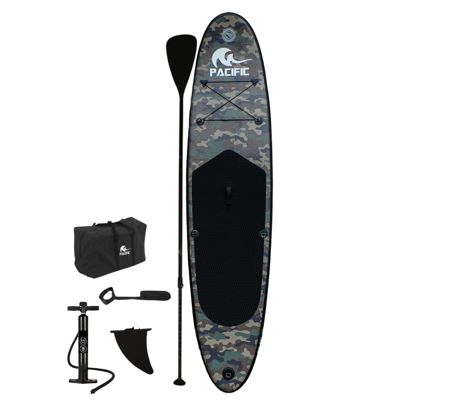 Pacific Special Edition Sup Board - Camouflage - Étui étanche GRATUIT pour téléphone portable - Extra Sturdy - 305 cm - 7 pièces - Jusqu'à 100 kg - Gonflable